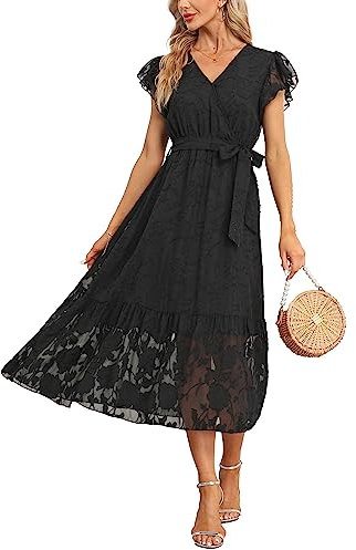 VOGMATE Femmes D'été Robe Midi Manches Courtes Wrap Col en V Robe Élégant A-Line Robe de Plage Noir M
