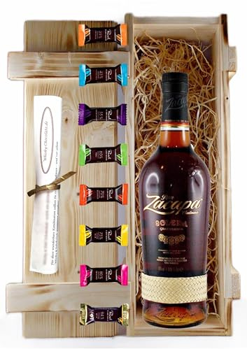 Zacapa Centenario Solera Gran Reserva Rum mit Edelschokoladen in Holzkiste | Zacapa Solera mit 8 Edelschokoladen in 8 Sorten Geschenk in geflammter Holzkiste Geschenkset Genießerset Männergeschenke