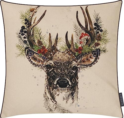 MAGMA Kissenhülle Kissenbezug Hirschkopf Digitaldruck Landhaus ca. 45x45cm Wendekissenhülle Keder Vintage Weihnachten Xmas