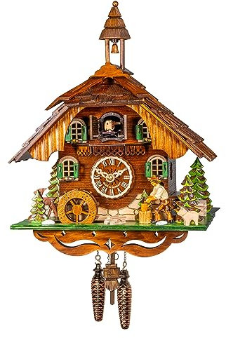 Engstler Quarz Kuckucksuhr Schwarzwaldhaus mit beweglichem Holzhacker und Mühlrad, mit Musik