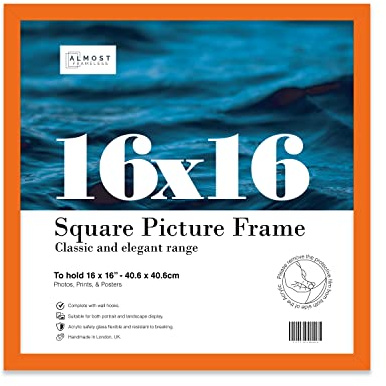 Almost Frameless 16x16 Orange Picture Frame 16x16(40.6x40.6cm) Poster, Photo, Artwork, or Print. Thin Edge Slim Frame Portrait and Landscape Display with Wall Hooks