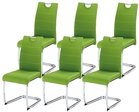 KHG 6er Set Esszimmerstühle Schwingstuhl Polsterstuhl Küchenstuhl Kunstleder Grün - Design Stuhl Sitzhöhe 48 cm - Freischwinger mit integriertem Griff, für Büro Küche Wohnzimmer