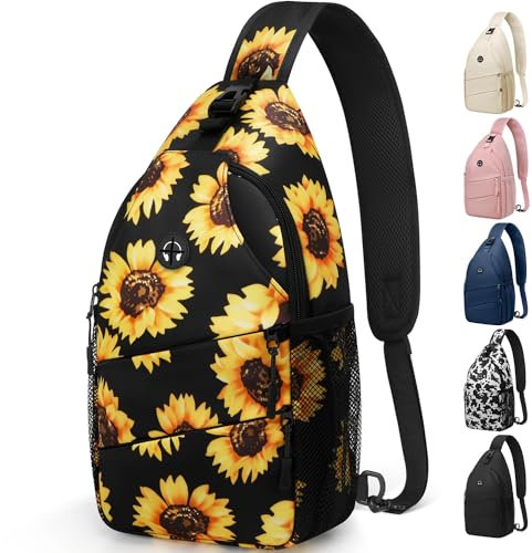 Pritent Umhängetasche für Damen und Herren, trendiger Slingbag-Rucksack, lässige Crossbody mit umwandelbarem Schultergurt, Reise-Schultertasche, für Wandern, Reisen, Outdoor, Sonnenblume