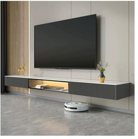 TV Schrank Fernsehschrank Schwebender TV-Ständer, wandmontierter TV-Schrank mit 2 Schubladen und 1 Regal, Tischplatte aus Schiefer, schwebendes Entertainment-Center, intelligente Fernsehkonsole mit Se
