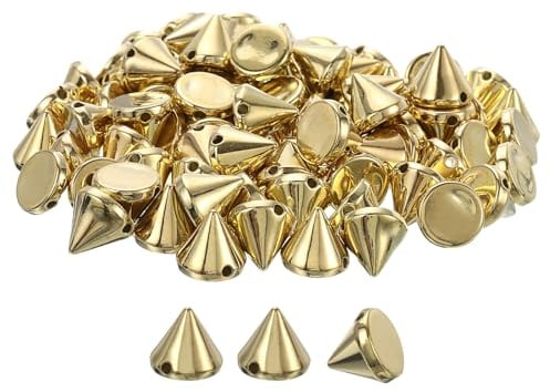 QUARKZMAN 200 Stück Acryl Spike Kegel Nieten, 10x12mm Flachrücken zum Aufnähen oder Aufkleben, Punk Spike Perlen für Kleidung, Schuhe, Taschenverzierung (Gold Ton)
