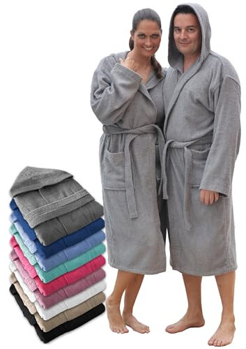 LEBENGOOD Peignoir de bain à capuche, pour femme et homme 100% coton éponge 400 g avec ceinture, poches, douche, peignoir doux, serviette (hombre.Capucha Acero L)