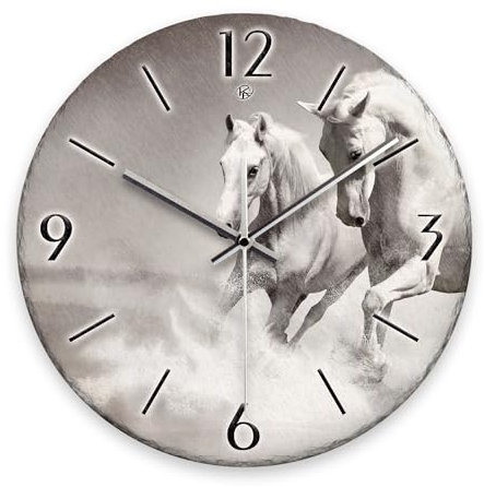 Kreative Feder Wanduhr „Weiße Pferde“ aus Stein (Keramik) in Schiefer-Optik; Durchmesser 30cm; mit leisem Uhrwerk (Weiße Pferde, leises Funkuhrwerk)
