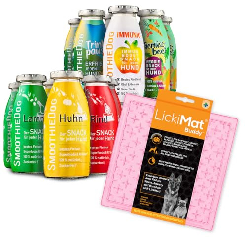 Hunde Smoothie SmoothieDog 12er Mix + Lickimat Buddy M Pastellrosa - je 2X: Huhn, Rind, Lamm, Ente, Immunio, Veggie - Flüssiges Hundeleckerli - Zucker- & glutenfrei - Schleckmatte - je 250ml