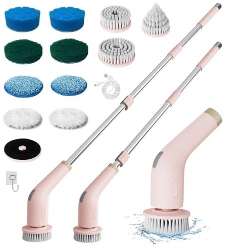 NanoMin 13 in 1 Elektrische Elektrische Reinigungsbürste mit Verlängerungsgriff, Badzubehör-Set mit 11 austauschbaren Bürsten für Toilette, Badewanne, Küche, Boden (Pink)