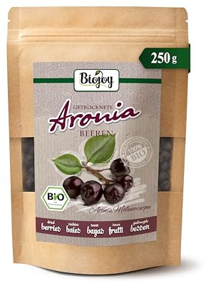 Biojoy Bacche di aronia BIO essiccate, non solforate, 250 g | Bacche intere, senza zuccheri aggiunti, dalla Bulgaria