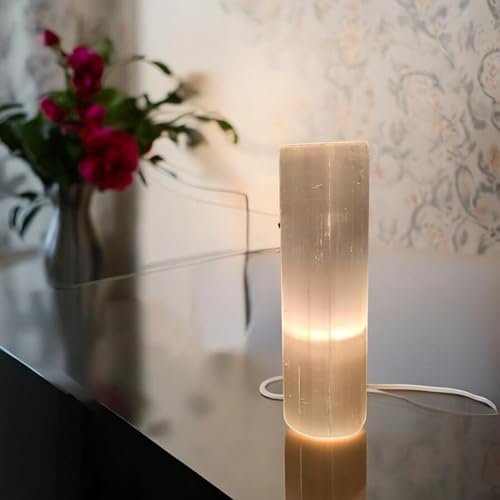 Natürliche Selenitlampe In Zylinderform Spirituelle Energie Meditation Heilstein Nachttischlampe Große Edelsteinkristall-Tischlampe Dekoration Oder Geschenk (25cm)
