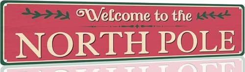 Geroclonup Targa natalizia con scritta in lingua inglese Welcome to the North Pole, divertente cartello natalizio in metallo, vintage, stampa con Babbo Natale, decorazione da parete per cucina