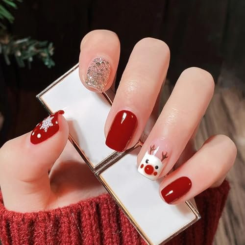 Christmas Nails Short, 24pcs Christmas Press On Nails, Red Silver Flash Reindeer Stick On Nail Glue On Nail With Glue, Acrylic For Nail Art