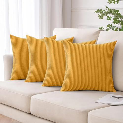 Moonlight Bedding Corduroy Cushions with Covers included 45 x 45 cm Pack of 4 Ochre (4 covers 4 inserts) Stripe Throw Pillow Cases with Invisible Zipper Living Room Bed Sofa18 x 18 inches