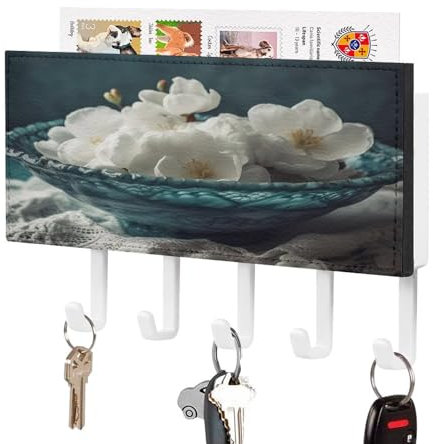 LFDSYEOQ Key Holder Wall Mount,Flowers in Bowl Wall Mounted Key Hook with Mail Organizer Entryway Mudroom Hallway Home Decorative Key Organizer Rack with 5 Key Hooks
