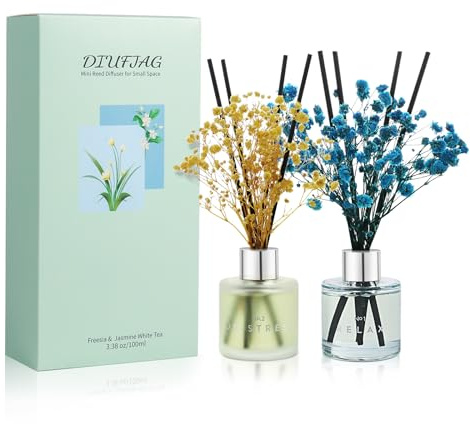 Raumduft Freesie/Jasmin Weißer Tee, Mit 16 Duftstäbchen Duftdiffusor mit Getrockneter Blume für Badezimmer Schlafzimmer Büro, 2 x 50 ml