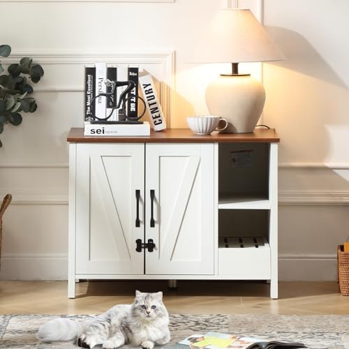 FOREST GRAVITY Cat Cabinet Enclosure Litter Box small Adjustable Shelf for Storage Added for Cat Litter Collector Furniture Modern 81 * 50 * 60 cm House with Door and Separate Partition White