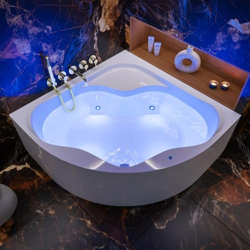 ECOLAM® Badewanne LED Beleuchtung SELMA 150x150 cm mit Acrylschürze | Eckwanne Antirutsch Beschichtung | Unterwasserbeleuchtung 8 Farben | Schürze Ablaufgarnitur Füße Silikon Komplett-Set