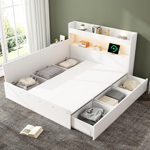 Stauraumbett 140*200cm, Doppelbett, Massivholzbett, mit USB-Anschluss und Steckdose, mit L-E-D-Beleuchtung, per Handy-App steuerbar, mit Schubladenaufbewahrung, mit Stauraum, ohne Matratze, weiß