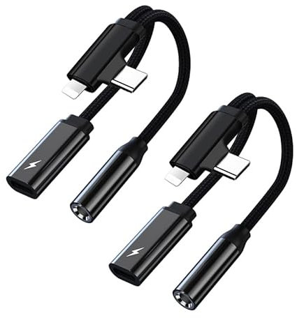 Adaptador USB C/Lightning a Jack 3.5 mm, Adaptador de Auriculares 2 en 2 y Carga USB-C, Auriculares a Jack Audio Compatible con i Phone 16/15/14/13/12/X/8/7/Pad Galaxy S24/S23 (2 Pieza/Negro)