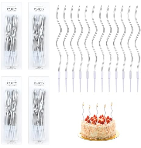 48 Stück Spiral Kuchen Kerzen, Geburtstagskerzen für Torte, Party Dekoration Kerzen mit Ständer. Metallic Tortendeko für Geburtstag Kinder Erwachsene Hochzeit Jubiläum Party, Silber 15 cm Hoch