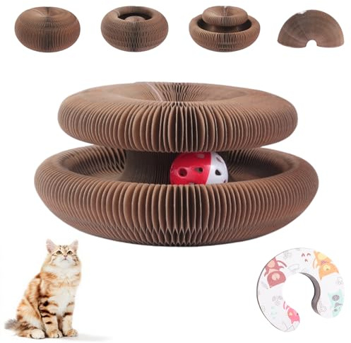Autyomo Magic Organ Cat Scratching Board-Foldable Interactive Cat Toy with 2 Bell Balls Made of Recyclable Corrugated Cardboard, Scratch-Resistant and Furniture Protector（Wood Patterns）