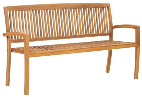 Makastle Gartenbank 3-Sitzer Stapelbar, Outdoor Bank mit Armlehne für Park, Terrasse, Balkon, Wetterfest, 159 x 57,5 x 90 cm Massivholz Teak Braun