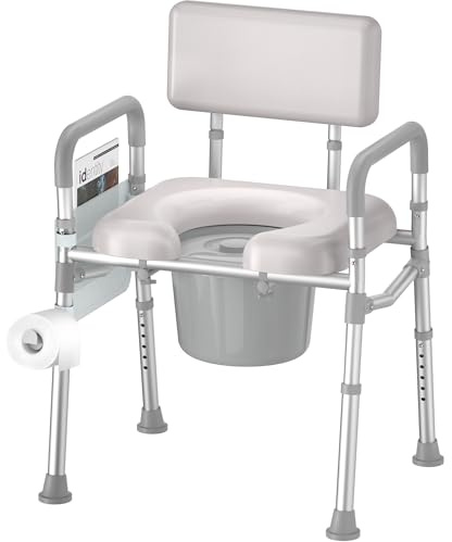 SOUNDFUSE Bedside Commode Chair with Padded Seat and Backrest, Aluminum Dual-Crossbar, Height Adjustable, Portable Toilet for Seniors and Adults, Potty Bucket and Splash Guard, 350 lbs Weight Capacity