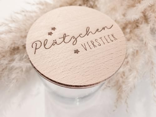 Generisch Plätzchenversteck Glasdose mit Holzdeckel, Gravierte Keksdose, Nachhaltiger Aufbewahrungsbehälter für Weihnachtsplätzchen, Dekorative Geschenkidee