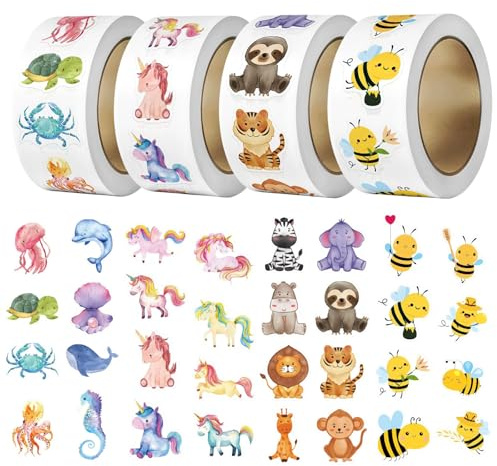 2000 Stück Belohnungsaufkleber Kinder Tier, 4 Rolle Motivationsaufkleber | 2.5cm Animal Sticker Rolle, 32 Muster Cartoon Tier Aufkleber, für Skateboard Gepäck Scrapbook Laptop Trinkflasche