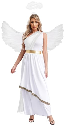 Miaeowve Engel Kostüm Damen Set Trompetenärmel Kleid Festliches Engelskleid Mit Engelsflügel Schwarz Weiß Heiligenschein Weihnachtsengel Karnevalskostüm Weiß C XL