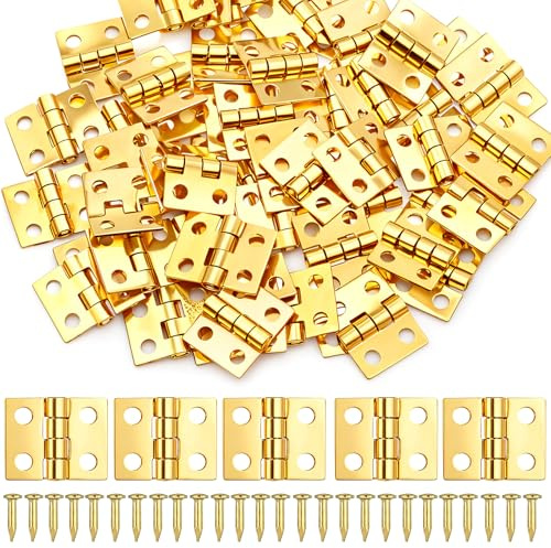 Thinp 50 Pcs Small Brass Hinges, Mini Hinges for Crafts Folding Butt Tiny Hinge with Mounting Nails Gold Cabinet Hinge for Drawer Door Closet Jewelry Wooden Box Furniture (10x8mm)
