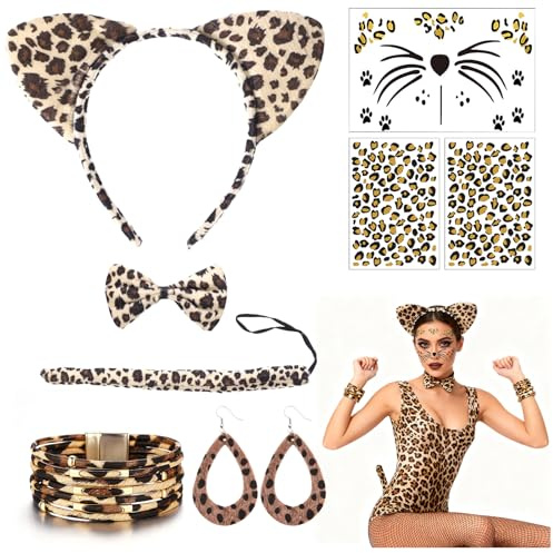 Tiger Kostüm Damen Leoparden Kostüm Damen Accessoire Set Mit Leoparden Ohren Haarreif Gesichtstattoo Ohrringe Armband Aufkleber Ideal Für Fasching Halloween Motto Party Cosplay Leopardenmuster