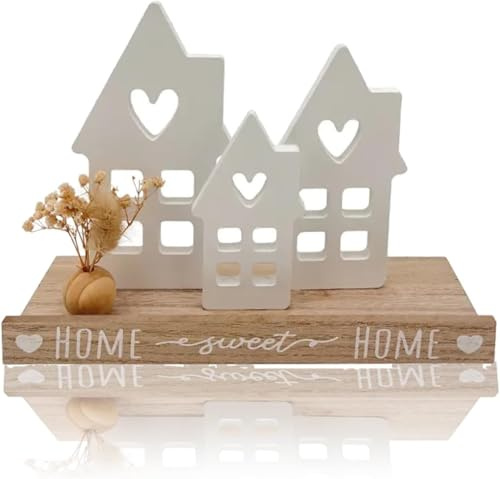Holz Aufsteller Deko – 3 Häuser, Vase & „Home Sweet Home“ Schriftzug – liebevolle Tisch‑ & Wohnraumdeko aus Holz & Polyresin – ideal für Wohnzimmer, Flur & Schlafzimmer