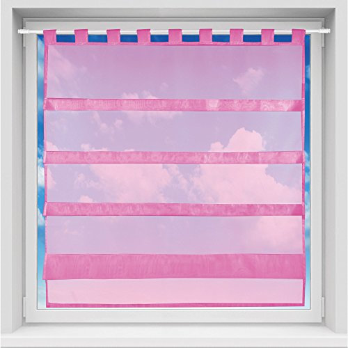 Bistrogardine in transparent mit Raffoptik, einfarbige und lichtdurchlässige Voile-Scheibengardine mit Schlaufe, in vielen Größen verfügbar (100 x 110 cm/pink - rosa)