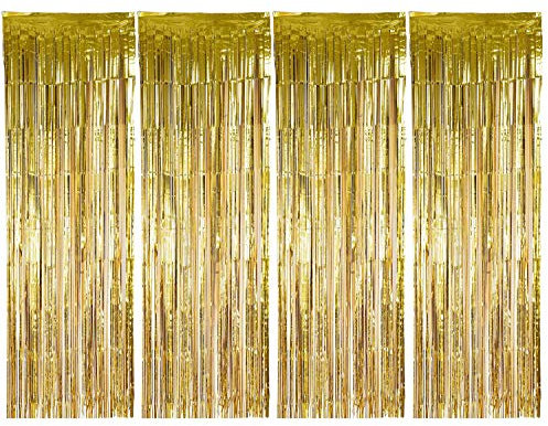 ENTHUR Folienvorhänge 1 x 2,5m metallische Fransen, schimmernder Vorhang für Geburtstag, Hochzeit, Party, Halloween, Weihnachten, Dekoration, 4 Stück Gold