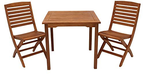 DEGAMO Gartengarnitur Gartenset Capo 3-teilig, 2X Klappstuhl und 1x Tisch 75x75cm, Eukalyptus Holz braun geölt, Stühle klappbar, FSC®-Zertifiziert, Outdoor