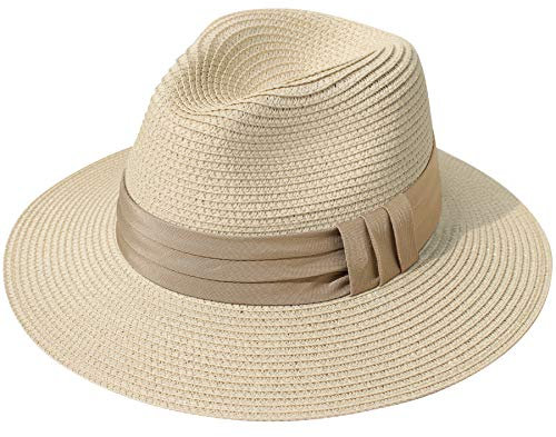 Lanzom Strohhut mit breiter Krempe für Damen, Panamahut, Filzhut, Sonnenhut am Strand, UV–Schutzfaktor 50+ - - Einheitsgröße