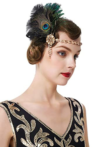 BABEYOND 1920s Stirnband Pfau Feder Damen 20er Jahre Stil Flapper Charleston Haarband Great Gatsby Damen Fasching Kostüm Accessoires Schwarz Gold
