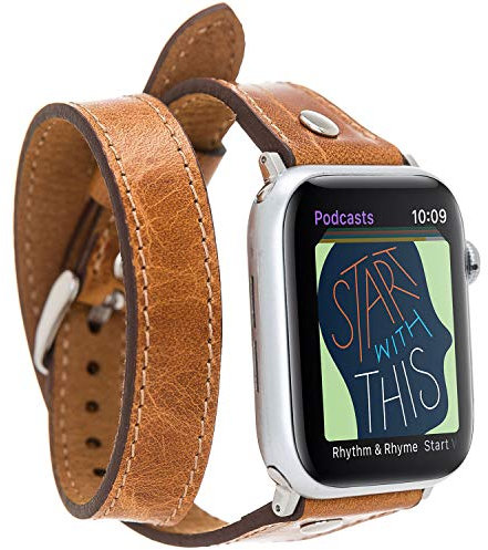VENTA® Slim Leder Armband Twist für Apple Watch 1/2 / 3/4 / 5 Wechsel-Armband kompatibel mit Apple Watch Ersatz-Armband Echtleder (38-40mm/ Sattelbraun/DT-VA17-V18) + Adapter Set Silber