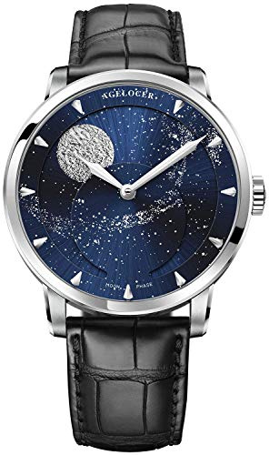 Agelocer Herren-Armbanduhr, echtes Diamant-Zifferblatt, blaue Mondphase, automatisch, mechanisch, Edelstahl, wasserdicht, Vu:6404a1, Mechanisch