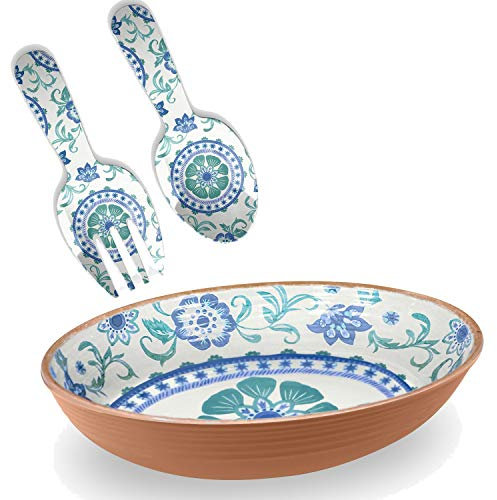 Auntie Morags Turquoise Floral Melamine/Plastic Outdoor/BBQ/Picnic - 2 Piece Salad Serving Set