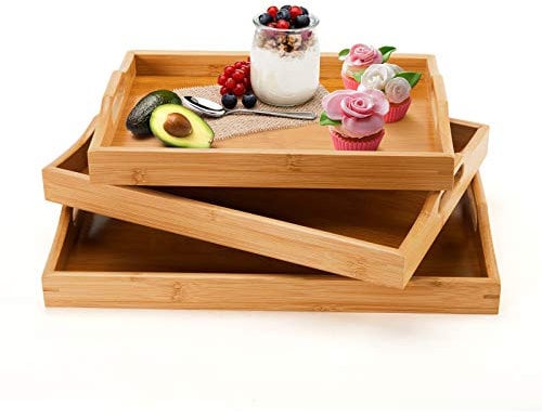 Bandejas de bambú para Servir con Asas, Bandeja Madera Grandes para desayunar Comer Comida, Juego de 3 bandejas de Rectangular Mesa de Centro (Natural, 3)