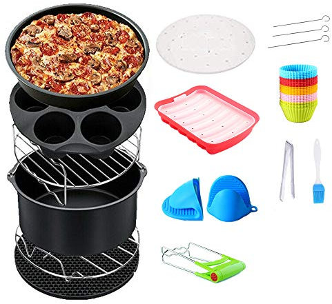 8 inch General Air Fryer Accessories 13 pcs with Recipe Book, Cake Tin, Pizza Tray, BBQ Rack, Toast Rack, Cooking Tongs, Baking for Air Fryers 3.2-5.8QT Kitchen Tool Gowise Phillips Cozyna and Oven