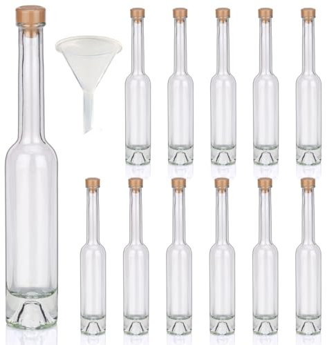 Geniess-Bar! Flaschen Set 12x 100ml hochwertige Glasflaschen leer mit Korken, Kapseln & 1 Trichter zum selbst Befüllen Whiskyflaschen Ginflaschen Likörflaschen Schnapsflaschen
