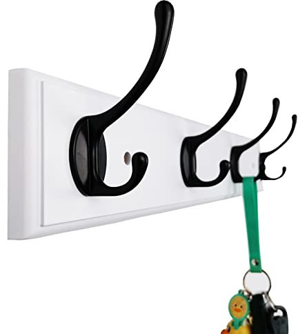 lomejii 4 Black Hooks Wood Coat Rack Wall Mount, 44cm, White, Stronger Hooks for Hanging Clothes,Hat,Backpack etc, Great Modern Wall Mounted Rack for Entryway Hallway Bedroom