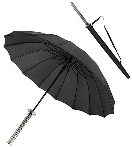 ZXF Regenschirm mit Metall langem Griff, Samurai-Schwert für den Außenbereich, Sonnen- und Regen-Regenschirm, Winddicht, wasserdicht, Anime-Motiv, schwarz, gerade
