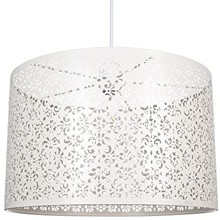 Unique Moroccan Designed Large Cream Metal Circular Pendant Light Shade with Floral Decor | 40cm Diameter | Maximum 60watt Bulb Allowed by Happy Homewares