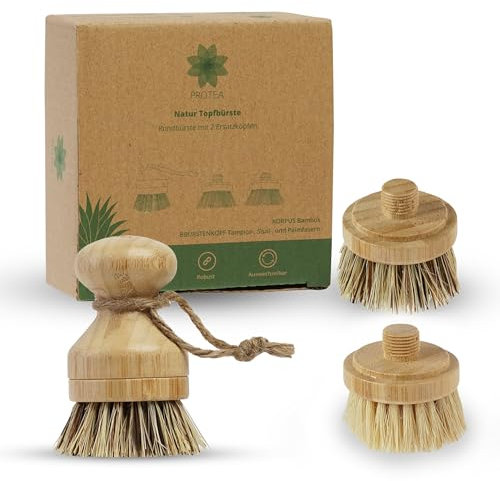 PROTEA Topfbürste mit Ersatzköpfen (3er Set) - nachhaltige Spülbürste für Töpfe - Reinigungsbürste für Geschirr und Küchenspüle - Bürsten auswechselbar - kratzfrei - Bürsten Set - Bambusbürste