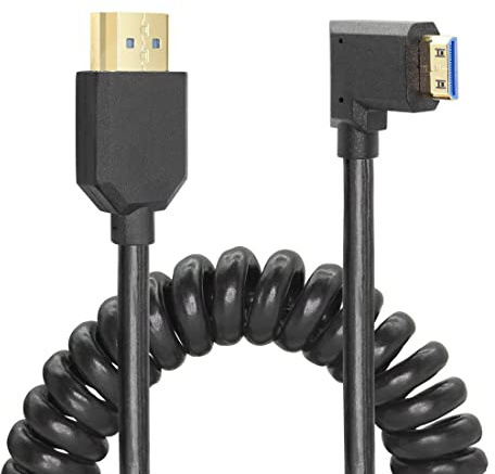 Cable HDMI en espiral YACSEJAO en ángulo recto 8K 48Gbps HDMI 2.1 Mini HDMI a HDMI macho Cable telescópico de alta velocidad (izquierda)